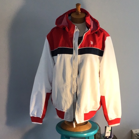 red and white polo jacket